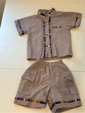 Mexican Traditional Guayabera Two-Piece Cotton Set with Colorful Trim